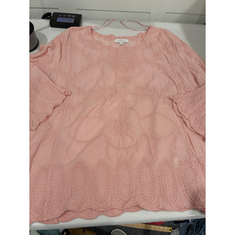 New Directions Curvy Pink Embroidered Cotton Blouse Plus Size 3X Boho Scoop Neck